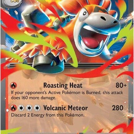 Pokémon Mega Evolution Mega Camerupt EX card from the Singles series, featuring a fiery, volcanic creature with a powerful stance.