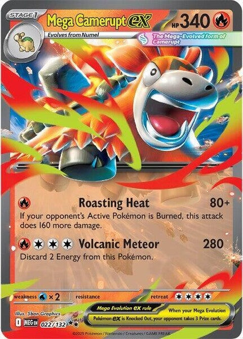 Pokémon Mega Evolution Mega Camerupt EX card from the Singles series, featuring a fiery, volcanic creature with a powerful stance.