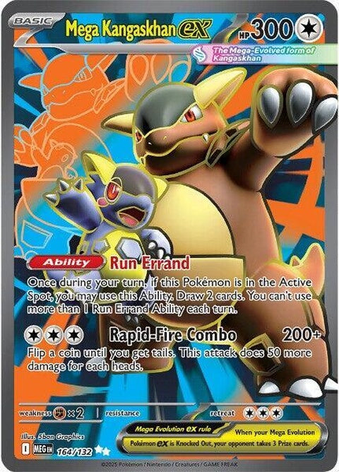 Mega Evolution Mega Kangaskhan EX Pokémon card featuring artwork of Mega Kangaskhan in dynamic pose.