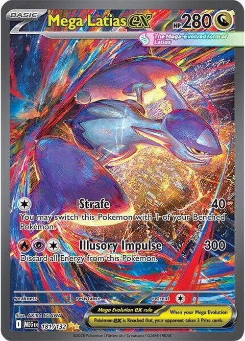 Mega Latias EX Pokémon card showing a powerful dragon-type Pokémon with sleek red and white design and dynamic artwork.