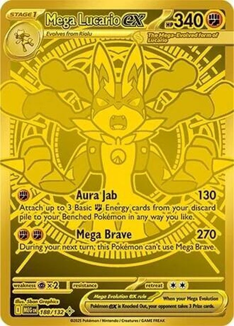 Mega Lucario EX Pokémon card from Mega Evolution set, featuring artwork of the Fighting and Steel-type Pokémon.