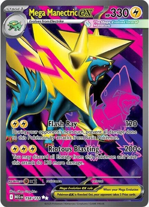 Pokémon Mega Evolution Mega Manectric EX card, featuring Electric type Pokémon with dynamic artwork and vibrant design.
