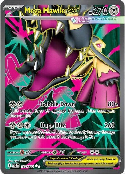 Pokémon Mega Mawile EX card from Mega Evolution series featuring Mega Mawile in a dynamic battle pose.