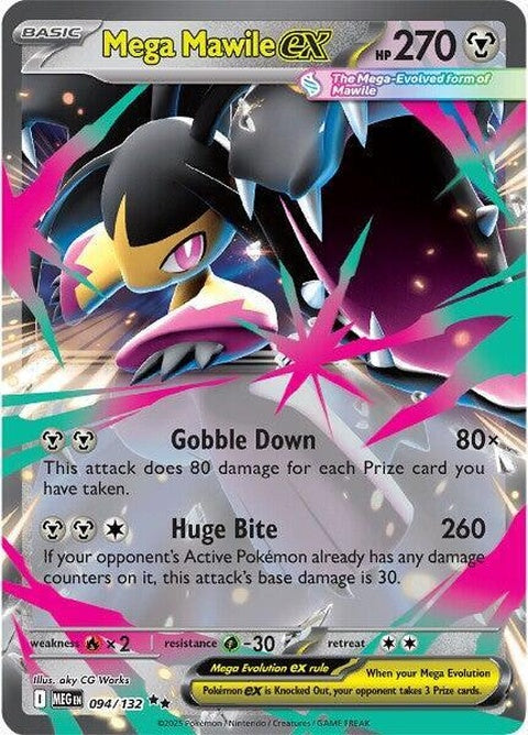 Mega Mawile EX Pokémon card featuring Mega Evolution, showing a fierce Pokémon with large jaws and detailed artwork.