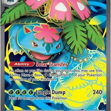 Pokémon Mega Venusaur EX trading card from Mega Evolution series, featuring detailed artwork of a large, green, flowered Pokémon.