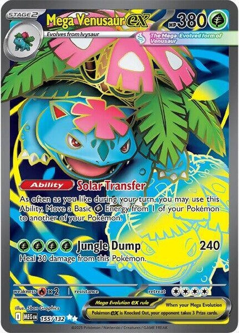 Pokémon Mega Venusaur EX trading card from Mega Evolution series, featuring detailed artwork of a large, green, flowered Pokémon.