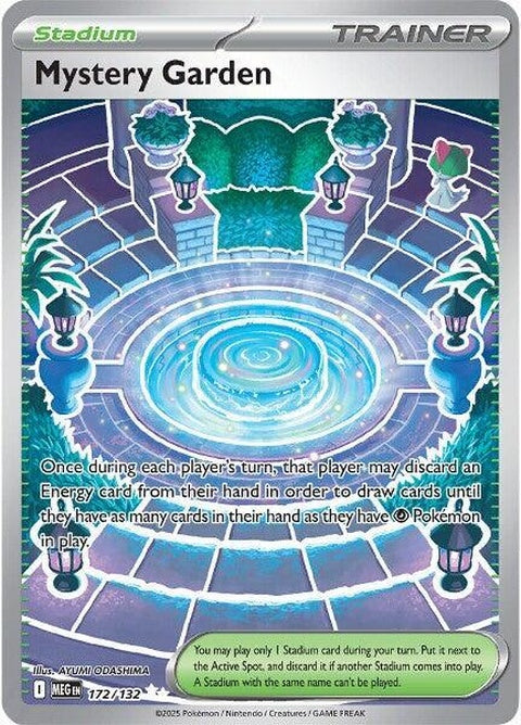 Pokémon Mega Evolution Mystery Garden card, single trading card featuring vibrant artwork and detailed design.