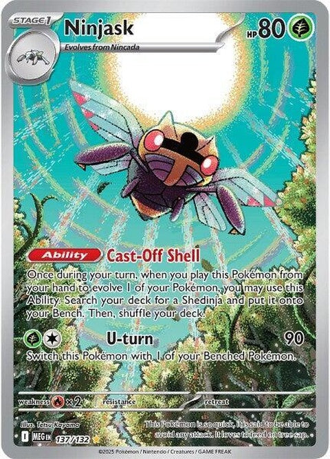 Mega Evolution Ninjask Pokémon card, showcasing its powerful design and vibrant artwork from the Pokémon Singles series.