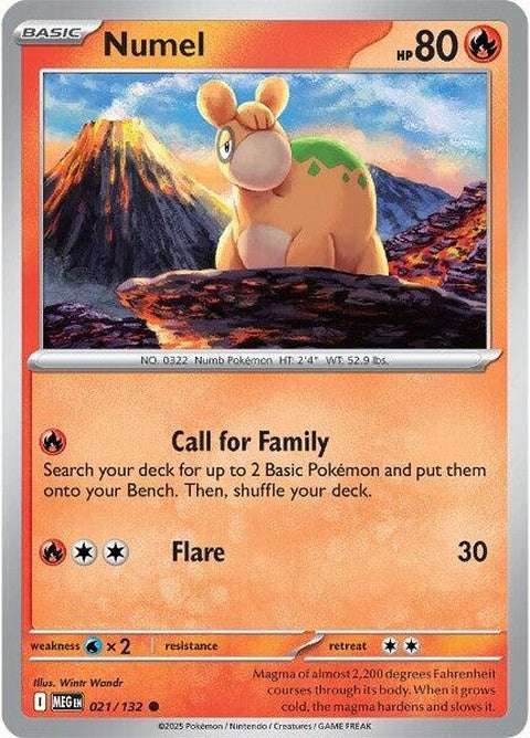 Mega Evolution Numel from Pokémon, showcasing its enhanced form with fiery features in a dynamic pose.