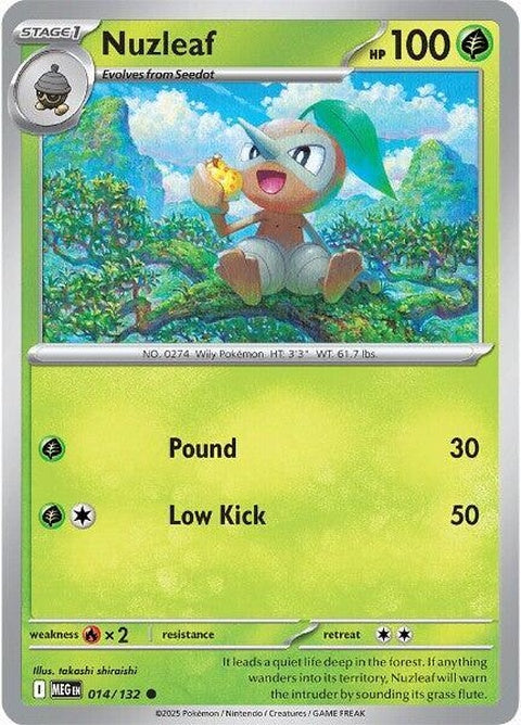 Mega Evolution Nuzleaf Pokémon card from the Mega Evolution series, featuring detailed artwork and vibrant colors.