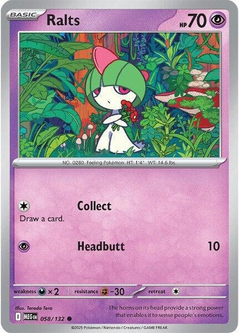 Mega Evolution Ralts Pokémon card, displaying Mega Ralts with vibrant artwork and detailed card design.