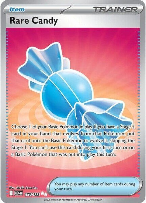 Pokémon Mega Evolution Rare Candy 175 for singles, showing a colorful package with a Mega Evolution theme and Pokémon branding.