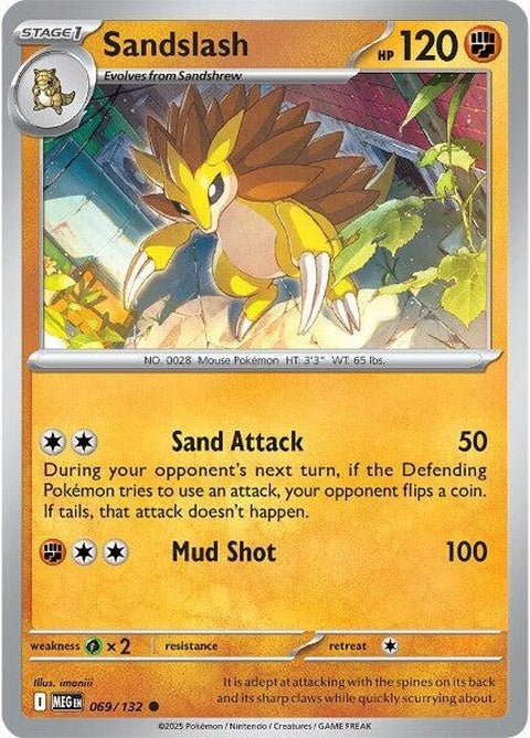 Mega Evolution Sandslash Pokémon trading card featuring Sandslash in its Mega form with detailed artwork and vibrant colors.