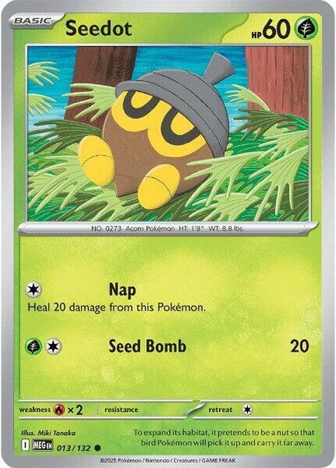 Mega Evolution Seedot Pokémon card, featuring the Pokémon in its mega evolution form with vibrant artwork and details.