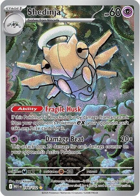 Pokémon Mega Evolution Shedinja figure, 144 scale, showcasing shiny golden armor and detailed design, on white background.