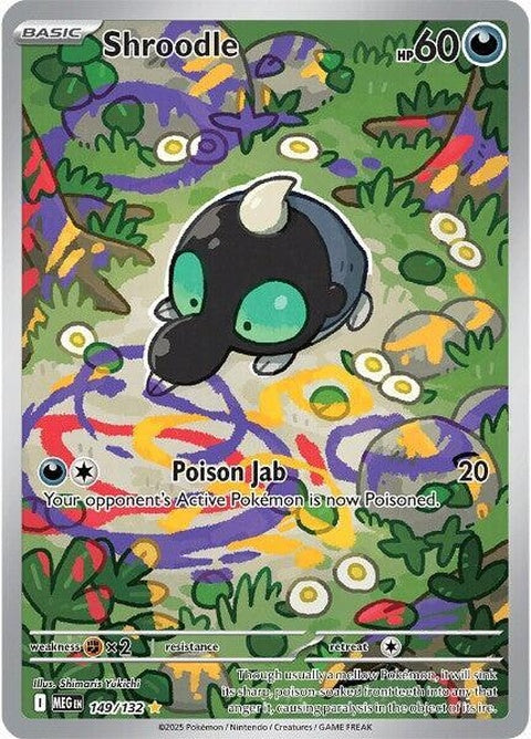 Mega Evolution Shroodle Pokémon card, featuring vibrant artwork of the Pokémon in its mega form.