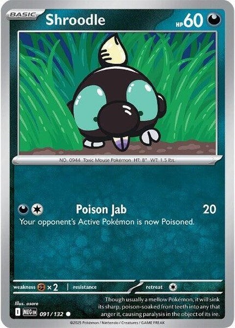 Pokémon Mega Evolution Shroodle card from the Singles series, featuring detailed artwork of the Pokémon in a dynamic pose.