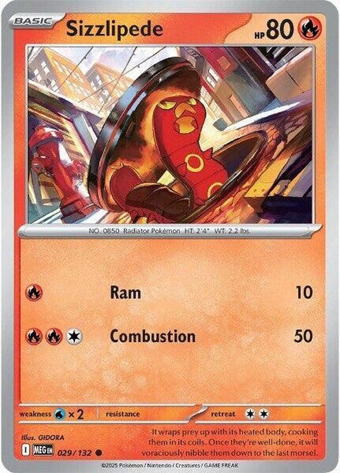 Mega Evolution Sizzlipede Pokémon card from the Singles series, showcasing the fiery insect with vibrant artwork.