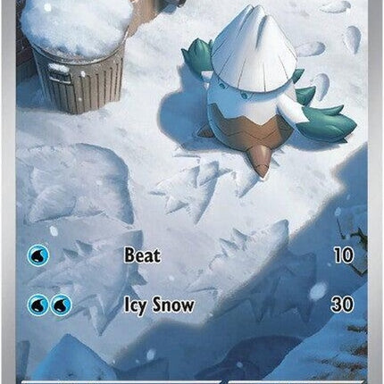 Mega Evolution Snover Pokémon card, featuring the Ice and Grass type with vibrant artwork and detailed design.