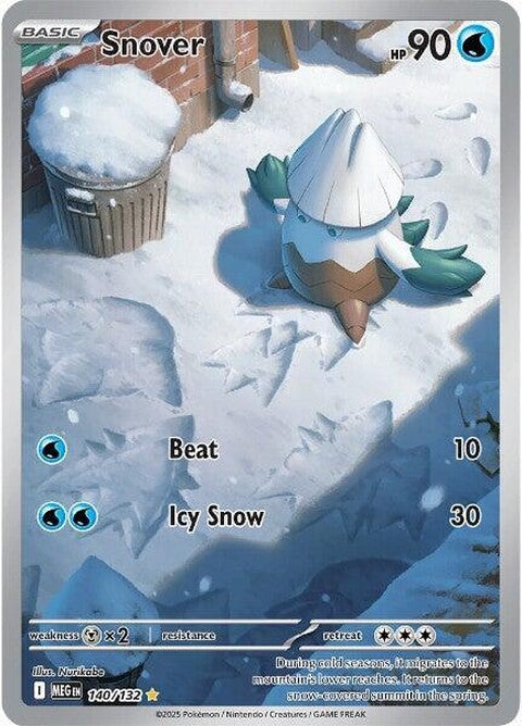 Mega Evolution Snover Pokémon card, featuring the Ice and Grass type with vibrant artwork and detailed design.