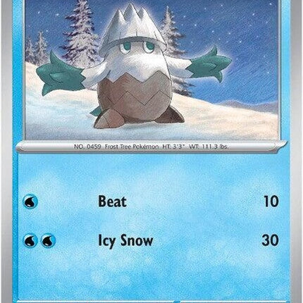 Mega Evolution Snover Pokémon card, showcasing the icy tree-like Pokémon in a dynamic pose with vibrant artwork.