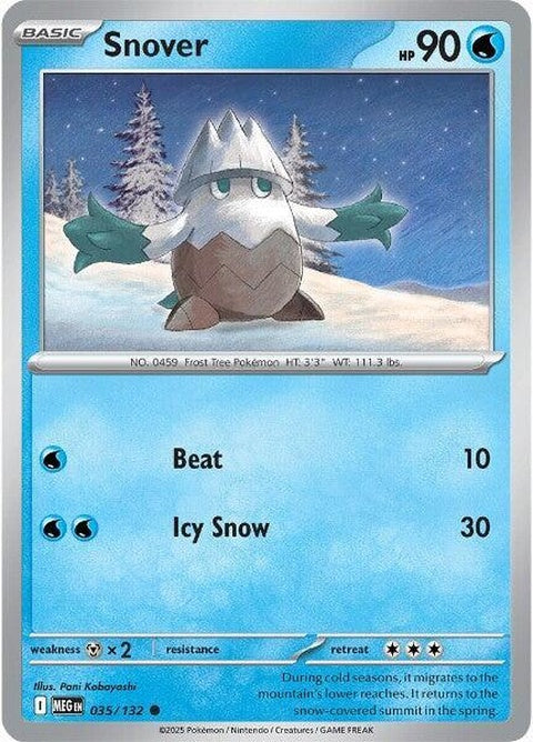 Mega Evolution Snover Pokémon card, showcasing the icy tree-like Pokémon in a dynamic pose with vibrant artwork.