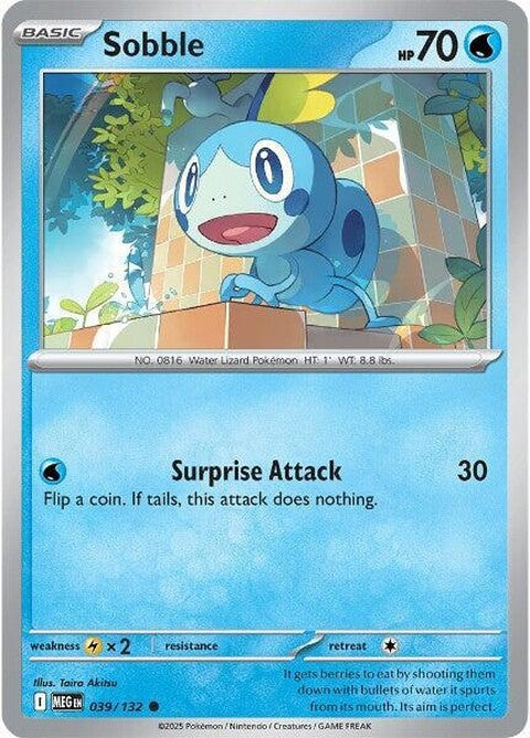 Pokémon Mega Evolution Sobble 39 single card, detailed illustration of the water-type Pokémon with vibrant colors.