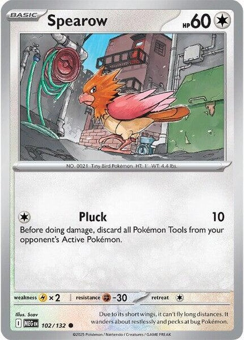 Mega Evolution Spearow Pokémon card from the Singles series, featuring detailed artwork of the bird Pokémon.
