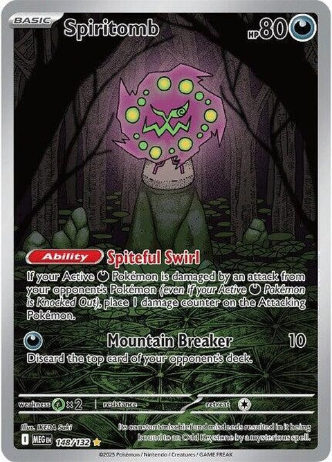 Pokémon Mega Evolution Spiritomb card from the Singles series, featuring detailed artwork of the Ghost and Dark type Pokémon.