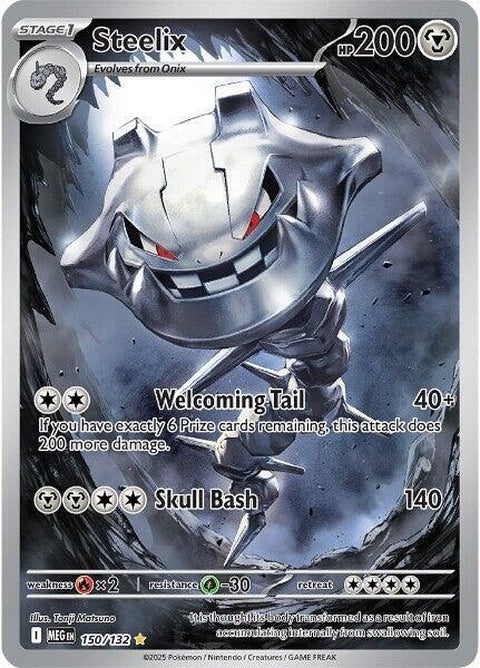 Steelix Mega Evolution Pokémon card, featuring Steelix in its mega form, from the Pokémon brand's singles collection.