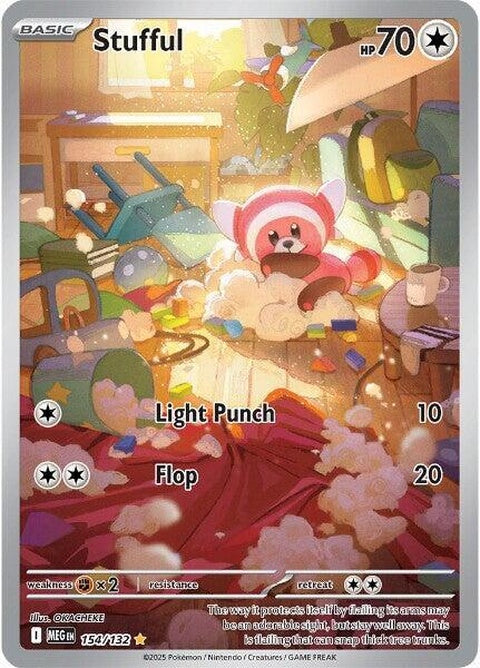 Mega Evolution Stufful Pokémon card featuring the colorful Pokémon character in a dynamic pose.