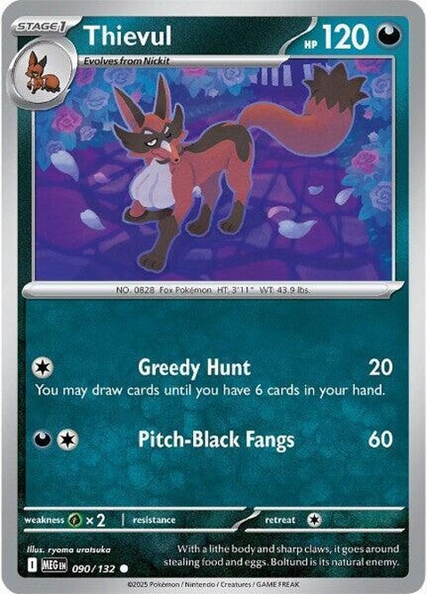 Pokémon Mega Evolution Thievul card, featuring a detailed illustration of the Dark-type Pokémon in dynamic pose.