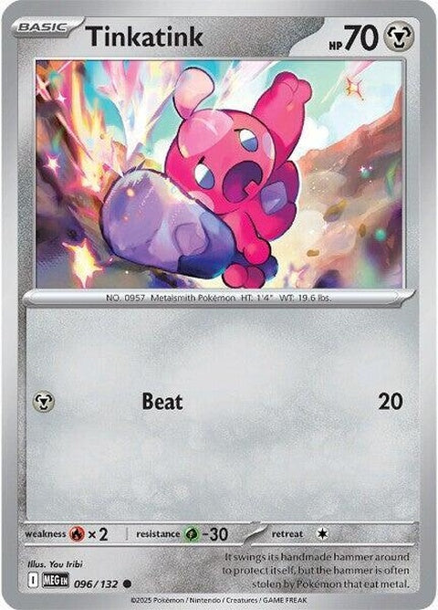 Pokémon Mega Evolution Tinkatink, a small purple Pokémon with yellow accents, showcasing its Mega Evolution form.
