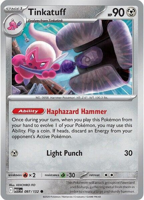 Mega Evolution Tinkatuff Pokémon card, showcasing the Pokémon in its Mega form with vibrant artwork and dynamic pose.