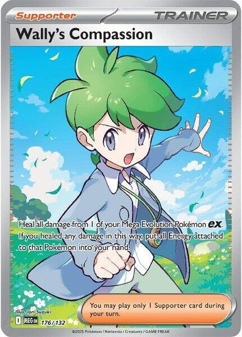 Pokémon Mega Evolution Wally's Compassion card from the Singles series, featuring vibrant artwork and detailed design.