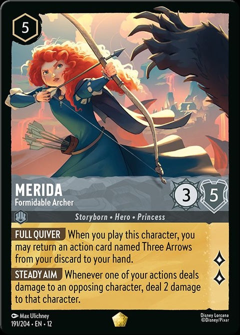 Disney Lorcana Merida Formidable Archer singles card featuring Merida with bow and arrow in an animated style.