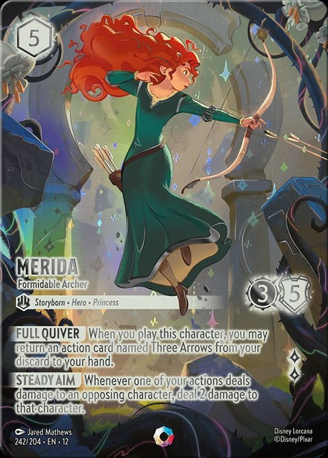 Disney Lorcana Merida Formidable Archer card featuring Merida in a dynamic pose with her bow and arrow.