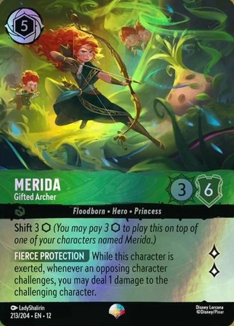 Disney Lorcana Merida Gifted Archer card featuring Merida with bow and arrow, detailed illustration from the Singles collection.