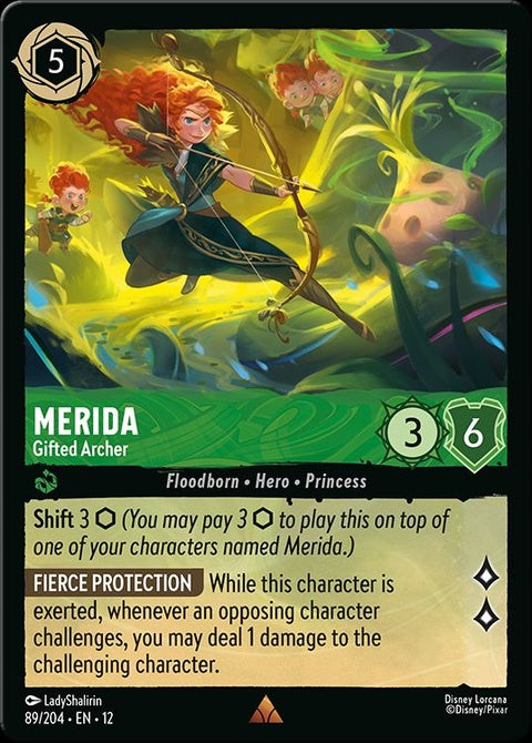 Disney Lorcana Merida Gifted Archer card featuring Merida in a dynamic pose with bow and arrow for the Singles collection.