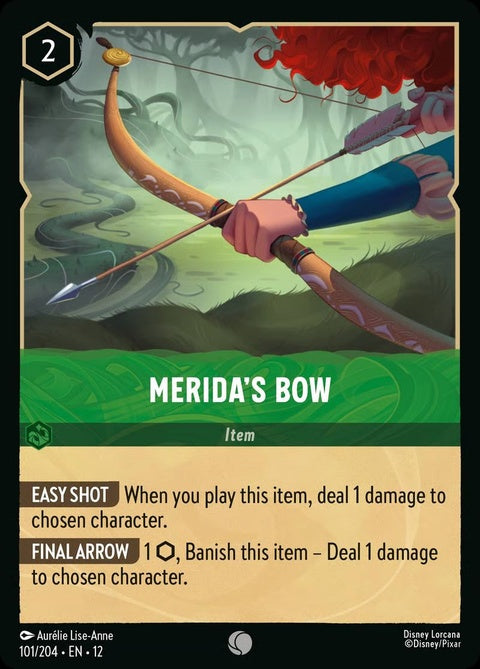 Disney Lorcana Merida's Bow (101) single card featuring Merida holding her iconic bow from the animated film.