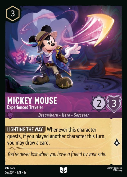 Mickey Mouse as an experienced traveler card from Disney Lorcana singles collection, featuring Mickey in adventure attire.