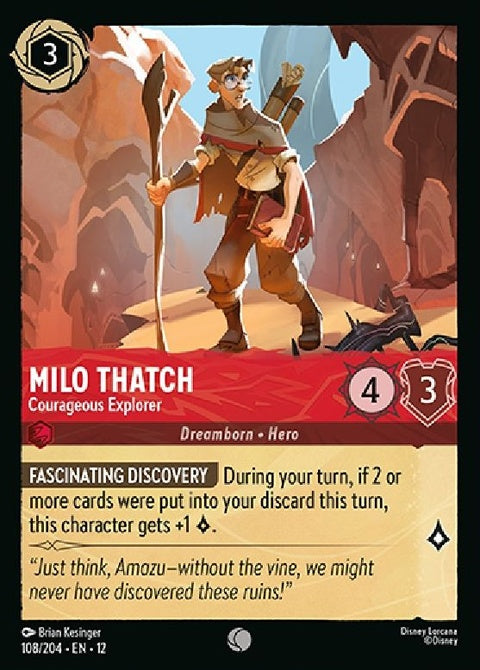 Disney Lorcana Milo Thatch Courageous Explorer singles card featuring Milo Thatch in adventurer attire with vibrant artwork.