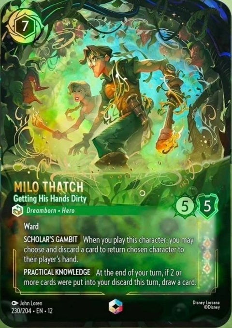 Disney Lorcana Milo Thatch single card titled "Getting His Hands Dirty," featuring Milo in adventure attire.