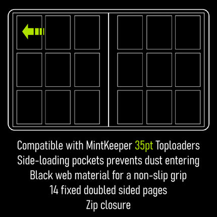 KTM Collectibles MintKeeper 252 Toploader Binder with 9 pockets for storing and displaying collectible cards or trading cards.