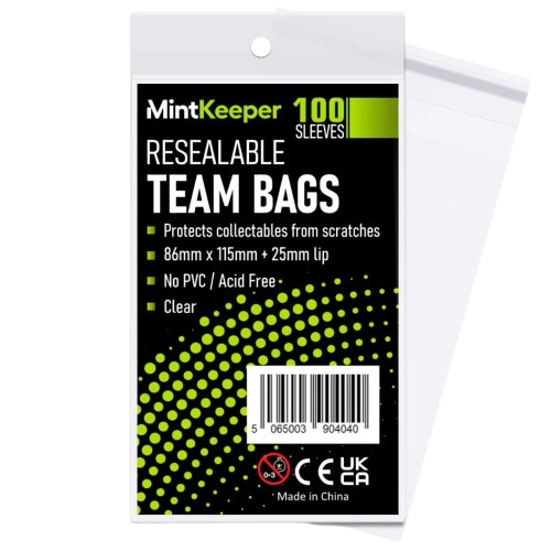 KTM Collectibles MintKeeper Team Bags resealable storage bags, 100-pack, for organizing and protecting collectibles or small items.