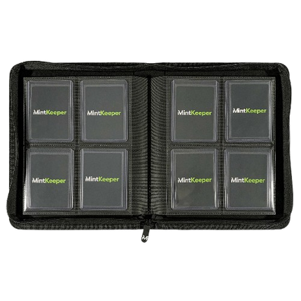 KTM Collectibles MintKeeper Toploader Binder with four clear pockets for storing and displaying collectible cards.