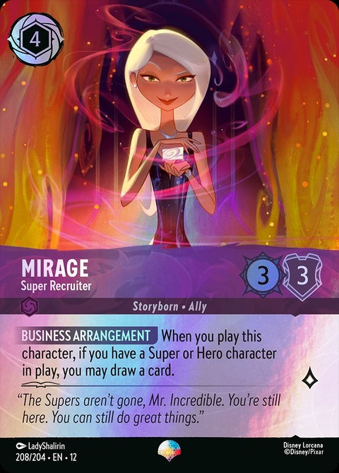 Disney Lorcana Mirage Super Recruiter 208 singles card featuring vibrant artwork and detailed design.