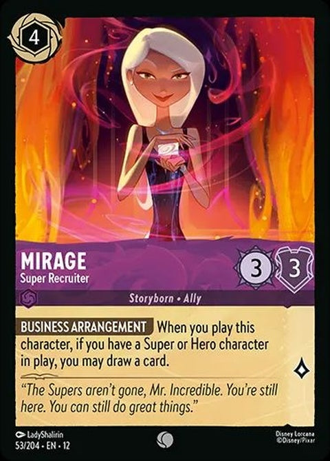 Disney Lorcana Mirage Super Recruiter singles card featuring vibrant artwork and detailed character illustration.