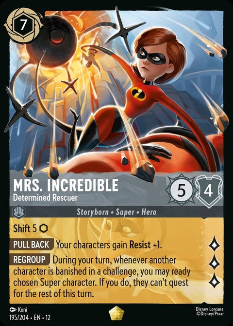 Mrs. Incredible as Determined Rescuer Disney Lorcana single card, featuring her in a dynamic pose with bright colors.