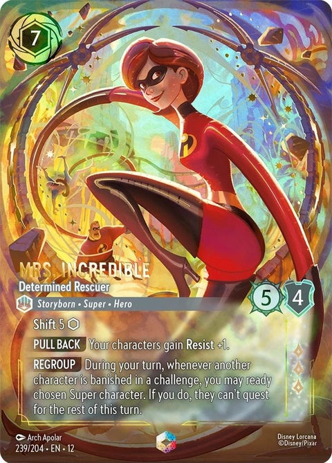 Mrs. Incredible from Disney Lorcana, Determined Rescuer character card, featuring vibrant artwork of the superhero in action.